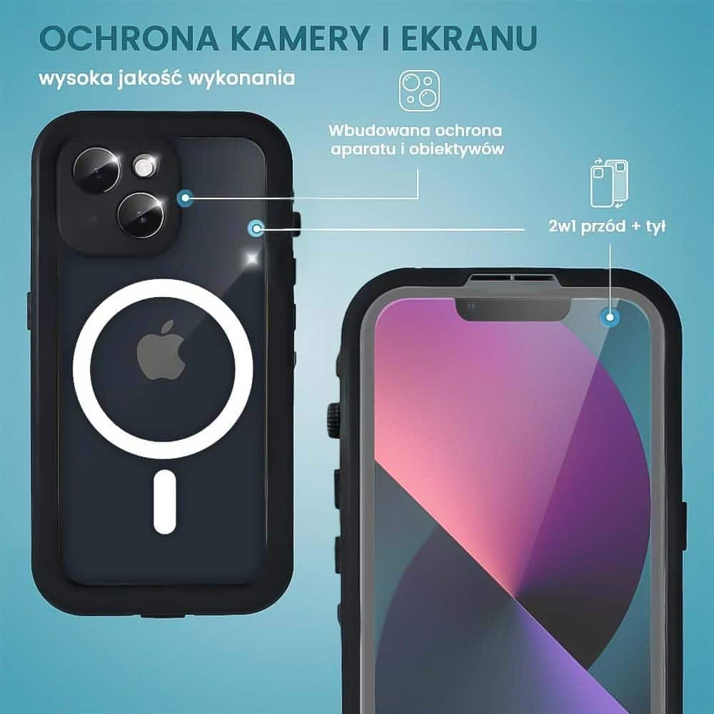 Etui do iPhone 13 wodoodporne z MagSafe, pancerne, przeźroczyste, czarne