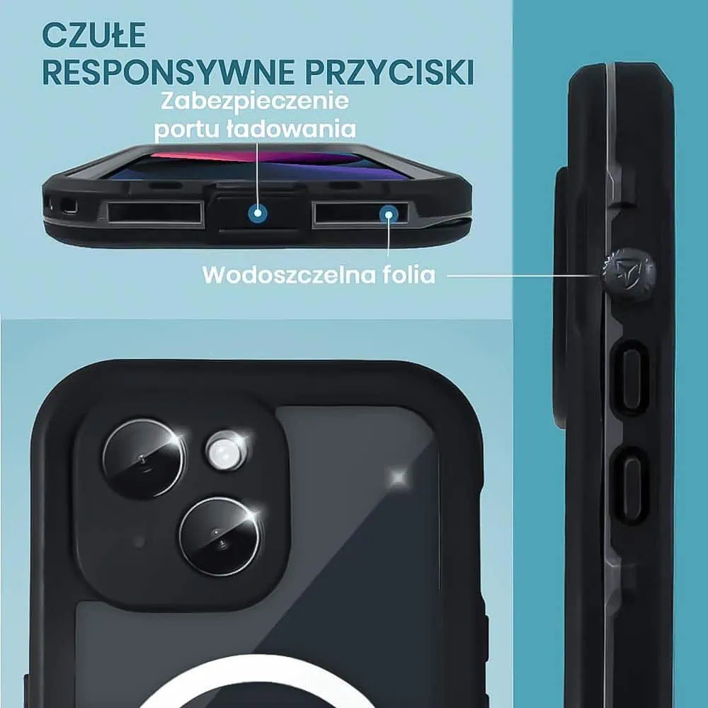 Etui do iPhone 13 wodoodporne z MagSafe, pancerne, przeźroczyste, czarne