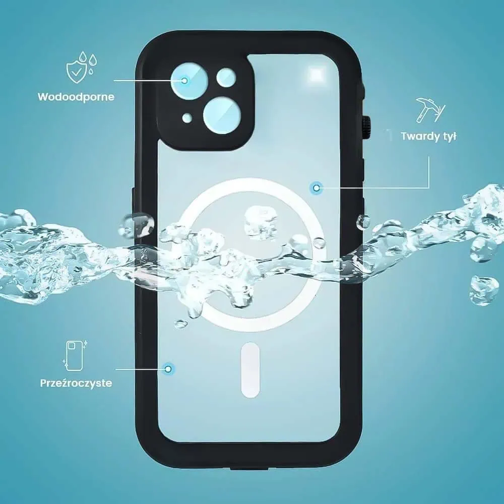 Etui do iPhone 13 wodoodporne z MagSafe, pancerne, przeźroczyste, czarne