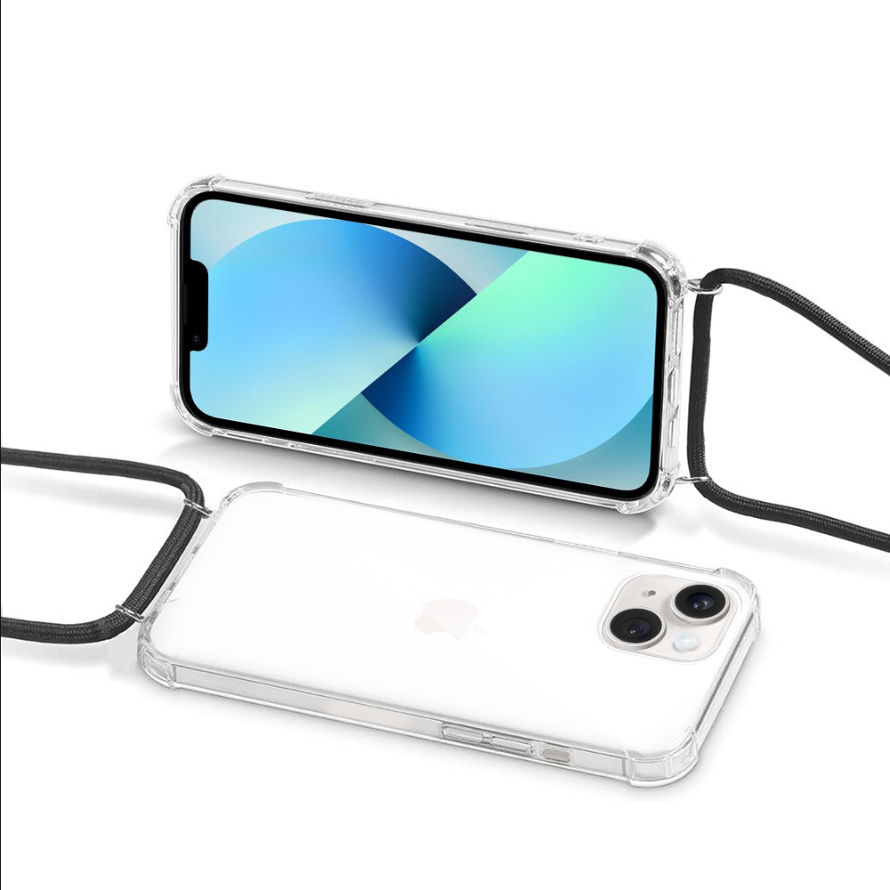Etui do iPhone 13 Mini wzmacniane crossbody z czarną smyczą jak torebka, przeźroczyste