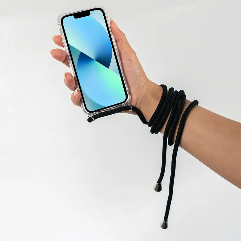 Etui do iPhone 13 Mini wzmacniane crossbody z czarną smyczą jak torebka, przeźroczyste