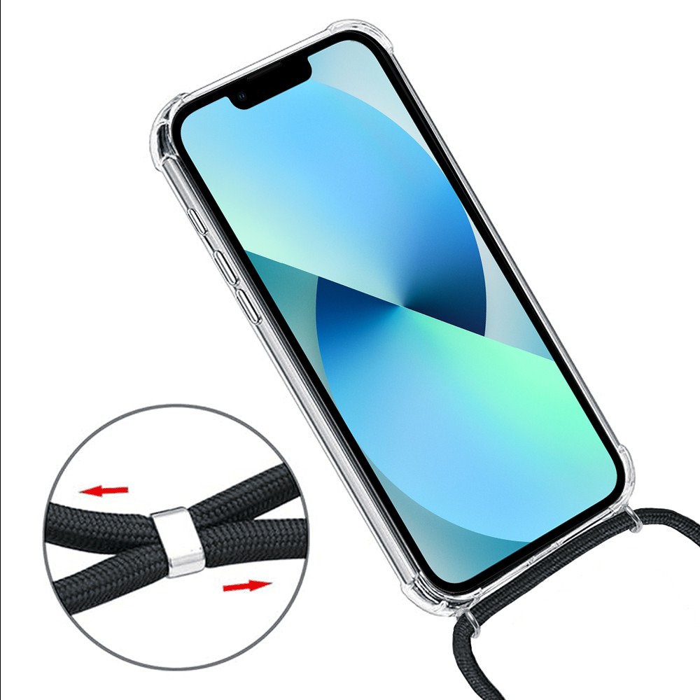 Etui do iPhone 13 Mini wzmacniane crossbody z czarną smyczą jak torebka, przeźroczyste