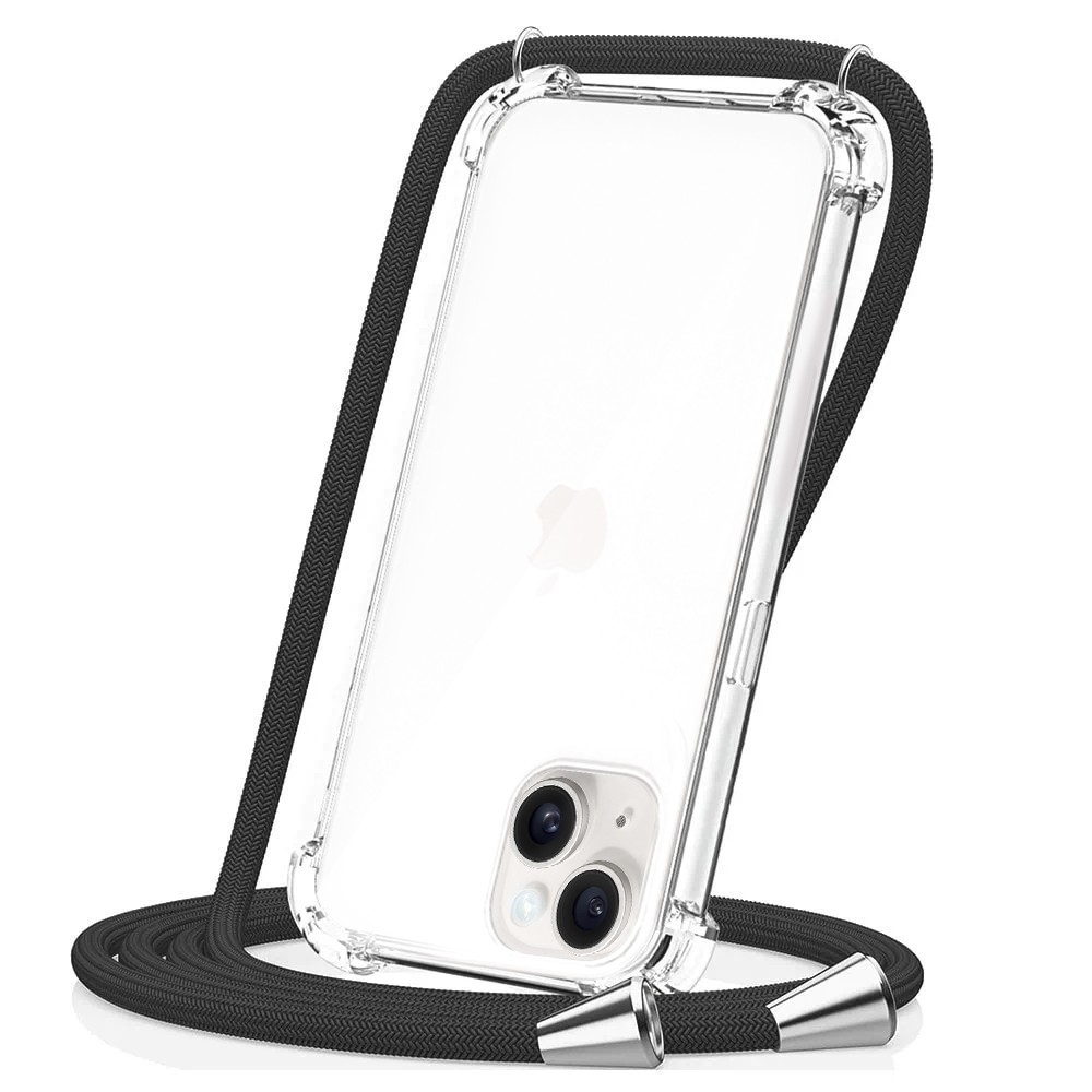 Etui do iPhone 13 Mini wzmacniane crossbody z czarną smyczą jak torebka, przeźroczyste