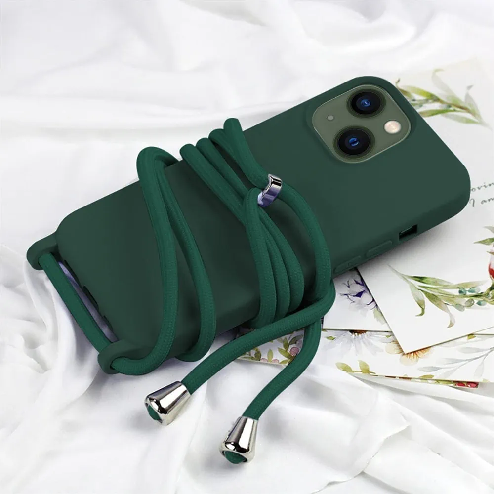 Etui do iPhone 13 wzmacniane crossbody z zieloną smyczą jak torebka, zielone