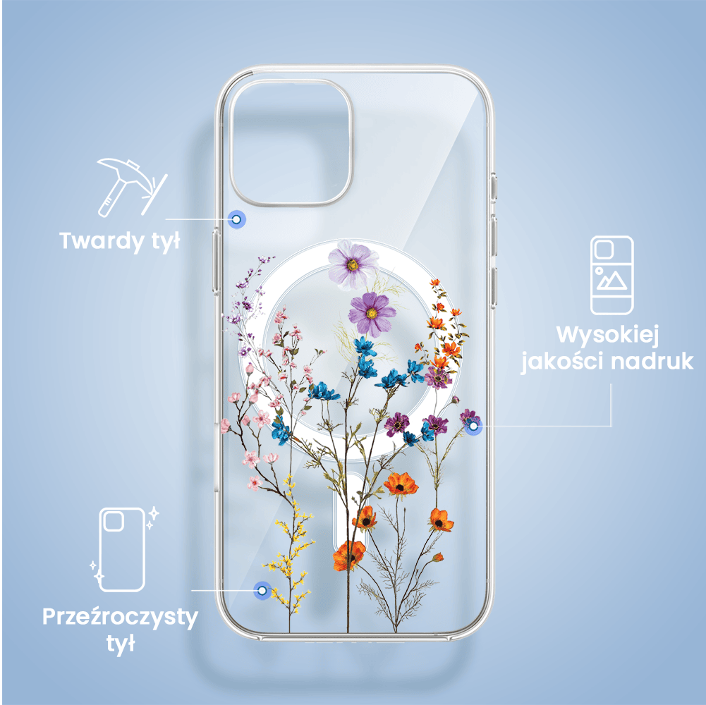 Etui do iPhone 13 Mini z MagSafe, kwiaty różnokolorowe, przeźroczyste