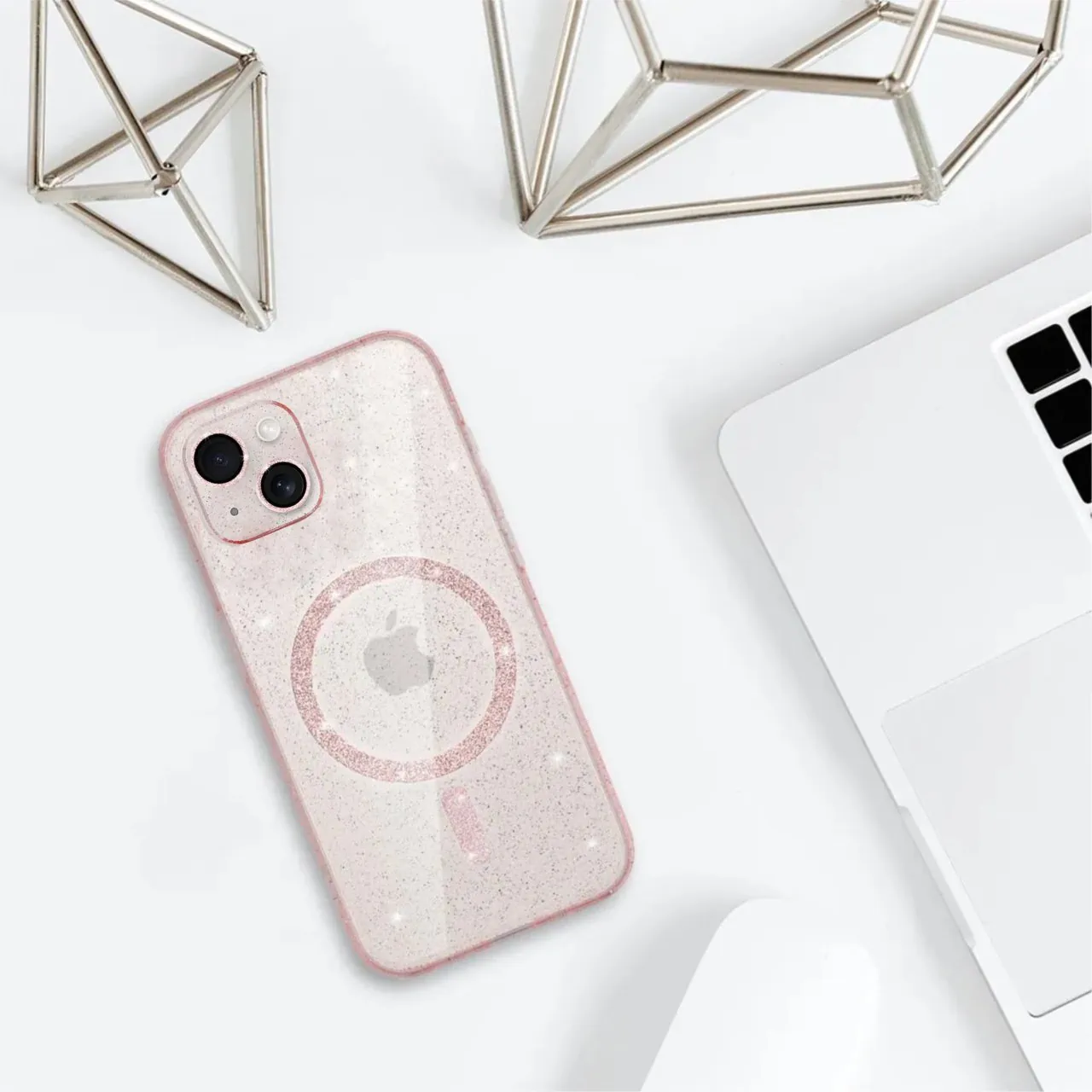 Etui do iPhone 13 z Magsafe, przeźroczyste, błyszczący brokat, różowe