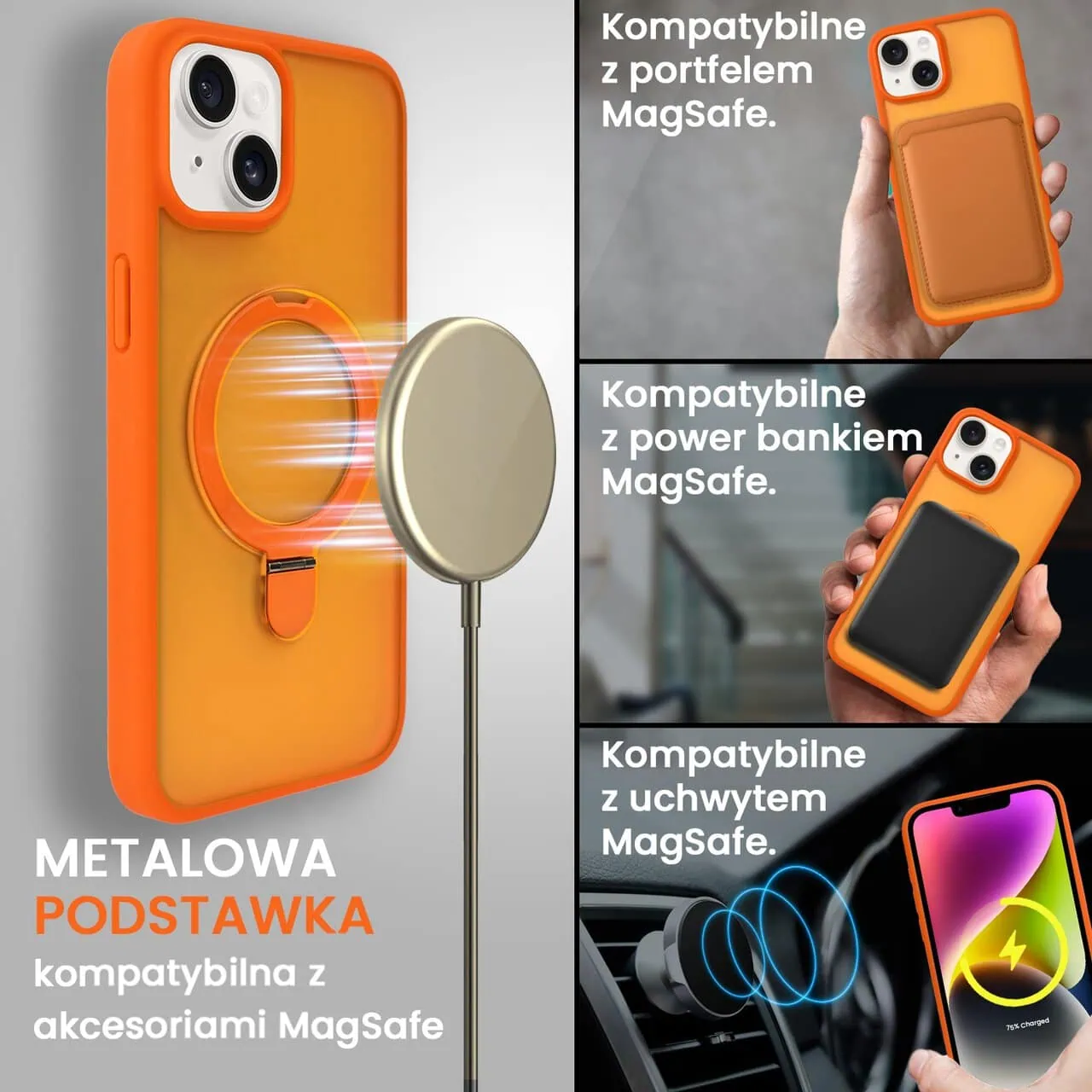 Etui do iPhone 14 Frosted Armor Stand 3w1 z podstawka i ochrona aparatu, pomarańczowe