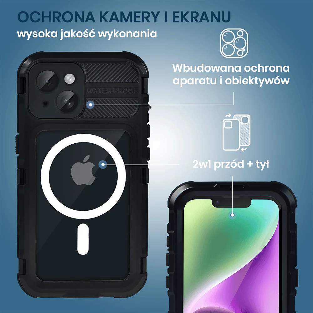 Etui do iPhone 14 Plus TOTAL Protect z Magsafe, wodoodporne, metalowe, przeźroczyste, czarne