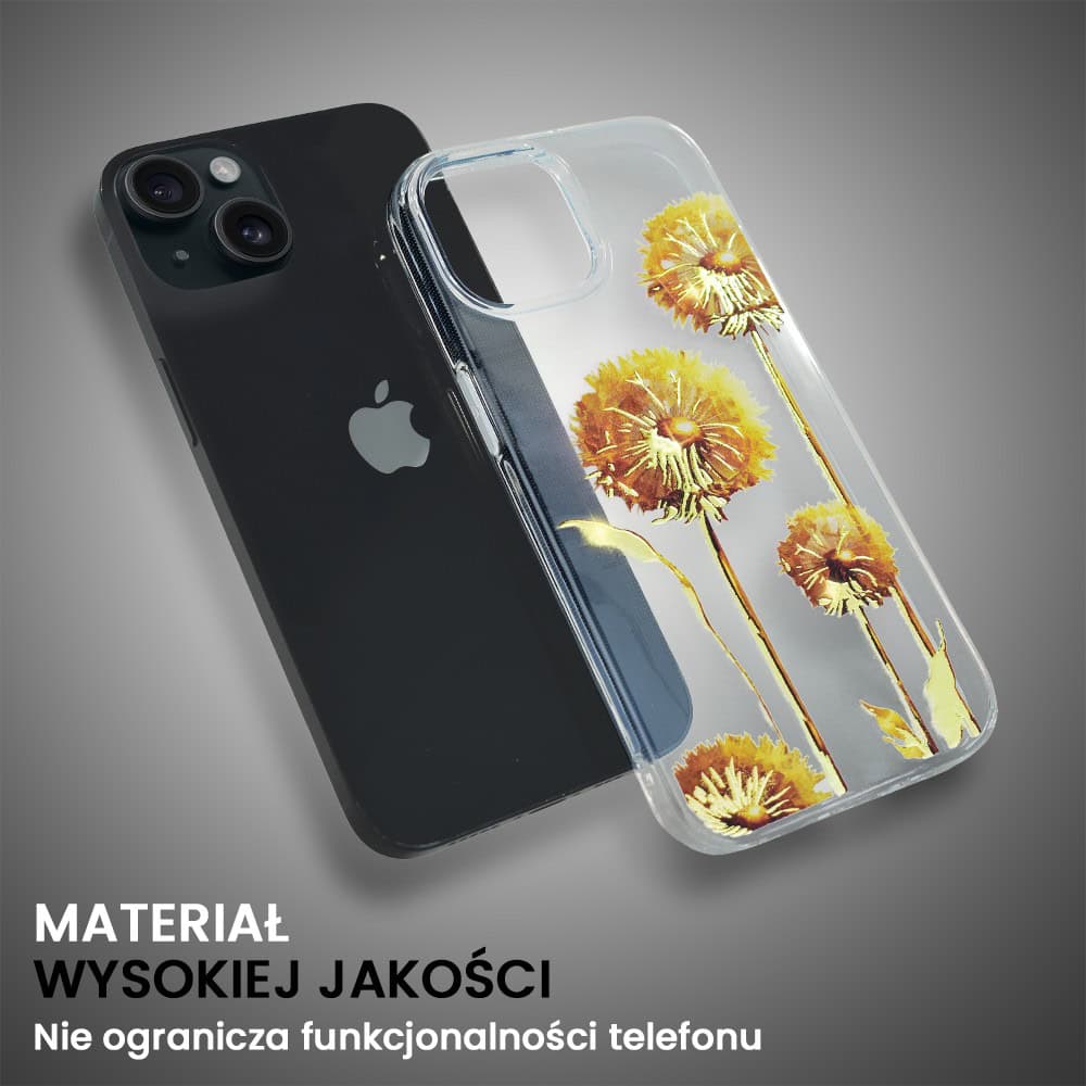 Etui do iPhone 14 Plus, przeźroczyste, dmuchawce ze złotym zdobieniem