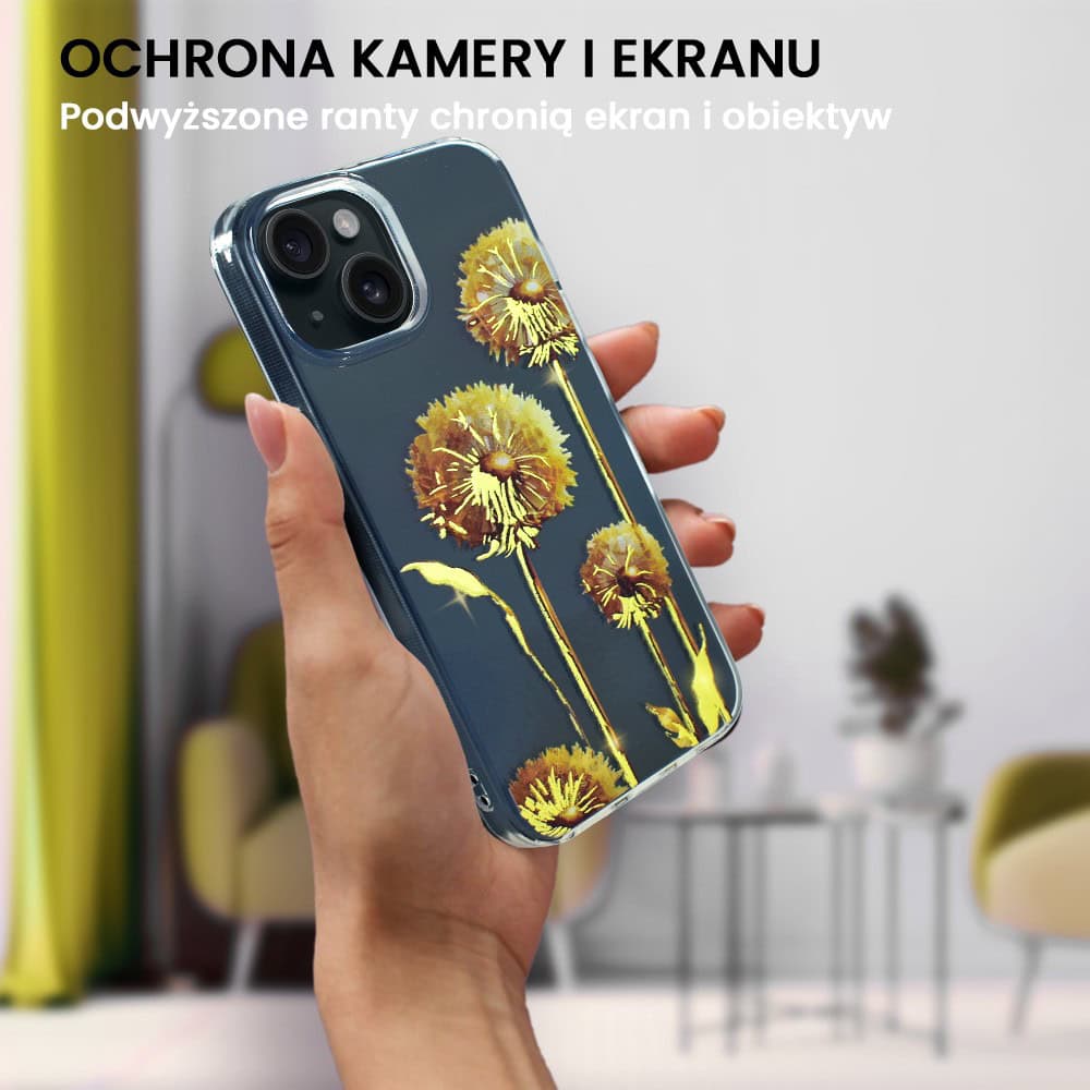 Etui do iPhone 14 Plus, przeźroczyste, dmuchawce ze złotym zdobieniem