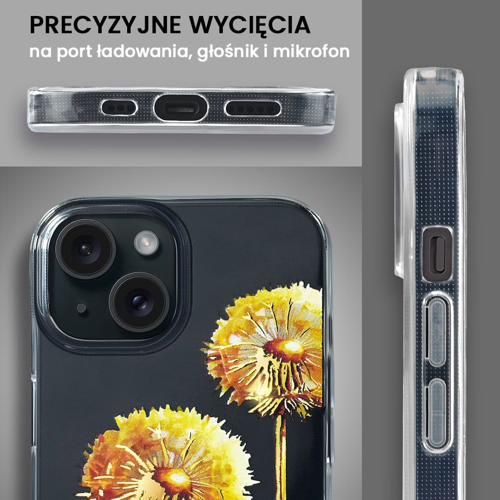 Etui do iPhone 14 Plus, przeźroczyste, dmuchawce ze złotym zdobieniem