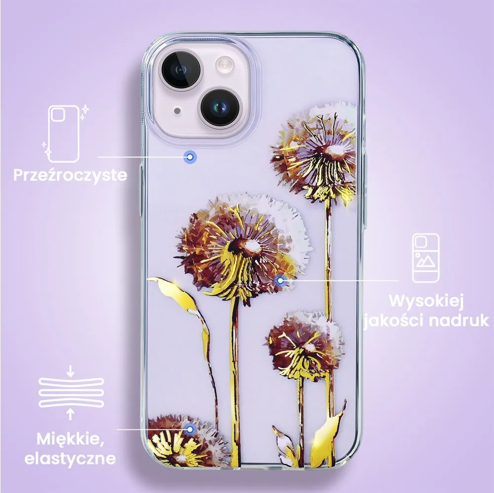 Etui do iPhone 14 Plus, przeźroczyste, fioletowe dmuchawce ze złotym zdobieniem
