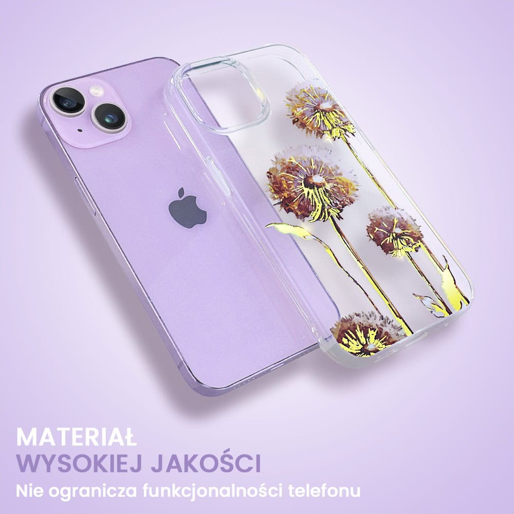 Etui do iPhone 14 Plus, przeźroczyste, fioletowe dmuchawce ze złotym zdobieniem