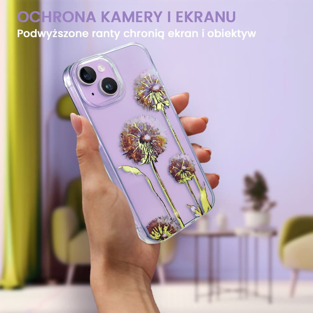 Etui do iPhone 14 Plus, przeźroczyste, fioletowe dmuchawce ze złotym zdobieniem