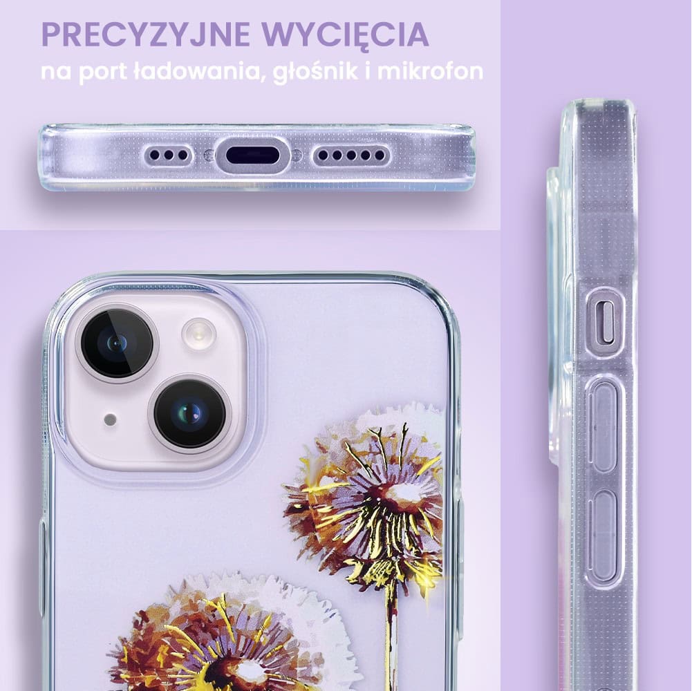 Etui do iPhone 14 Plus, przeźroczyste, fioletowe dmuchawce ze złotym zdobieniem