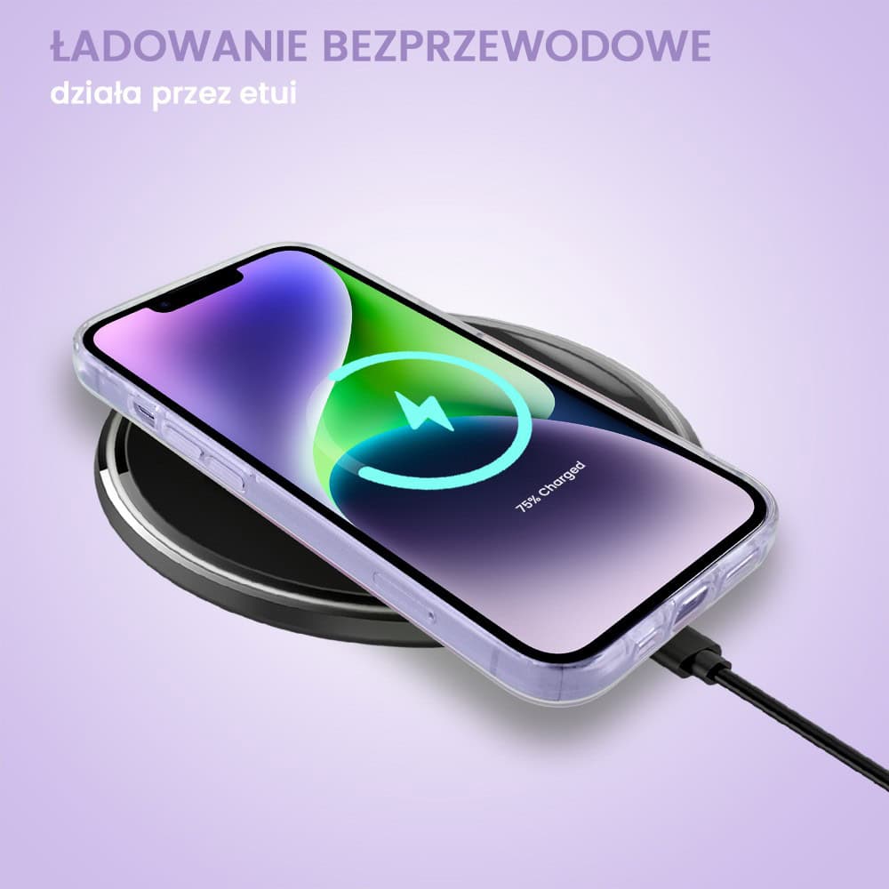 Etui do iPhone 14 Plus, przeźroczyste, fioletowe dmuchawce ze złotym zdobieniem