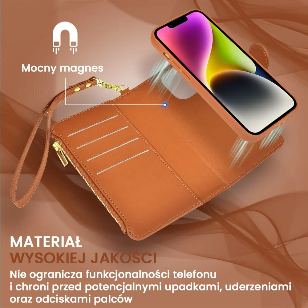Etui do iPhone 14 2w1 Magsafe Double Wallet, zestaw etui oraz kabura ze smyczą, brązowe