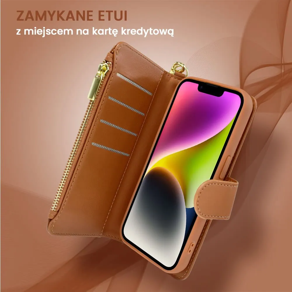 Etui do iPhone 14 2w1 Magsafe Double Wallet, zestaw etui oraz kabura ze smyczą, brązowe
