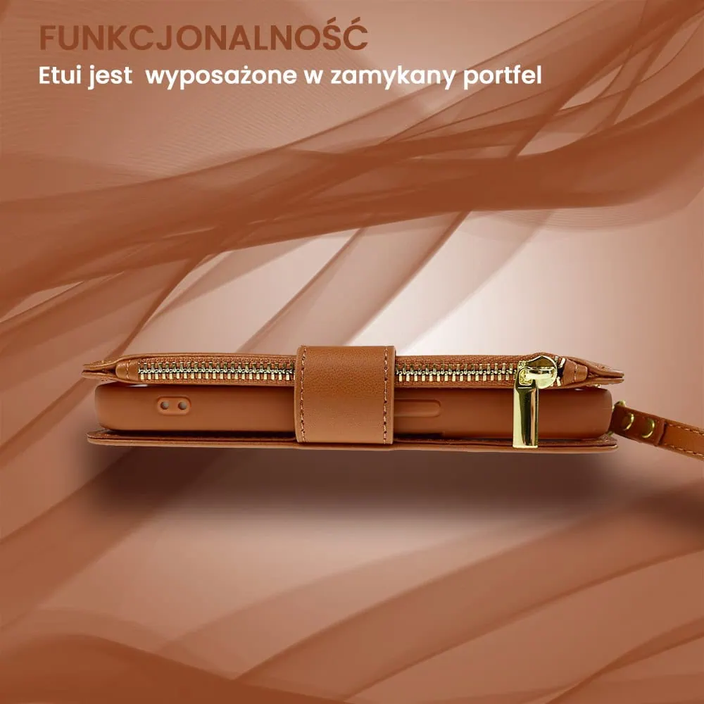 Etui do iPhone 14 2w1 Magsafe Double Wallet, zestaw etui oraz kabura ze smyczą, brązowe