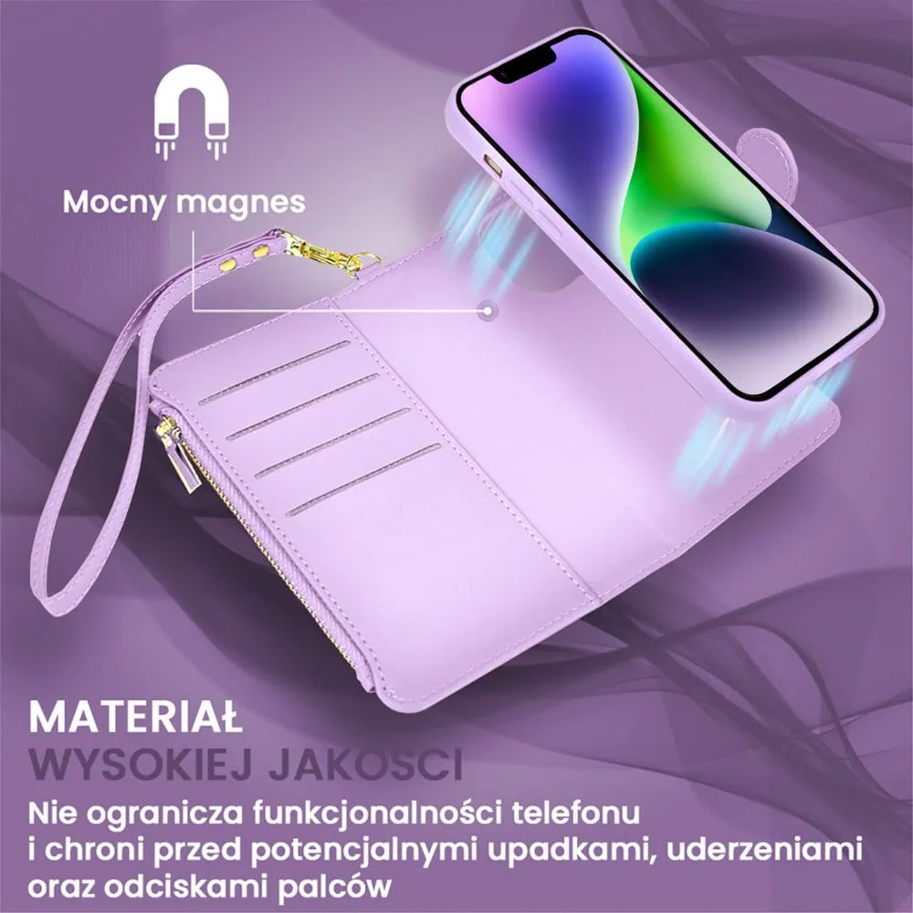 Etui do iPhone 14 2w1 Magsafe Double Wallet, zestaw etui oraz kabura ze smyczą, fioletowe