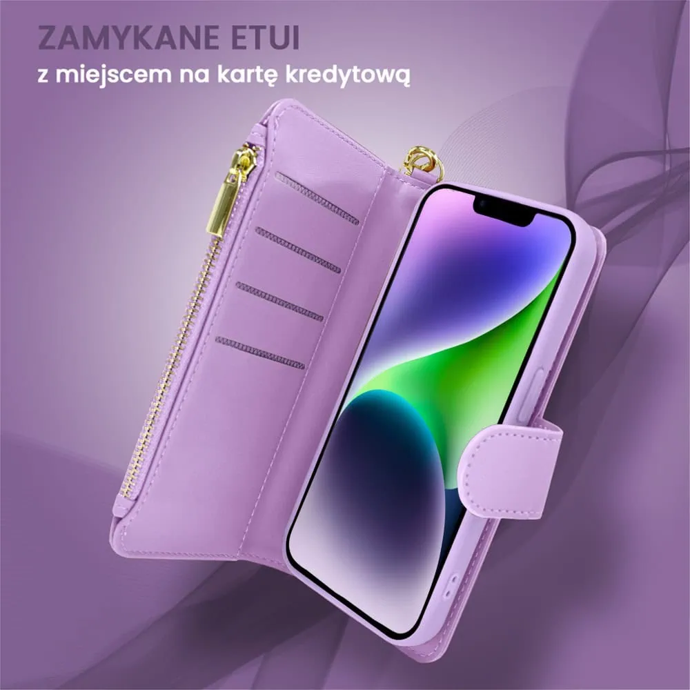 Etui do iPhone 14 2w1 Magsafe Double Wallet, zestaw etui oraz kabura ze smyczą, fioletowe