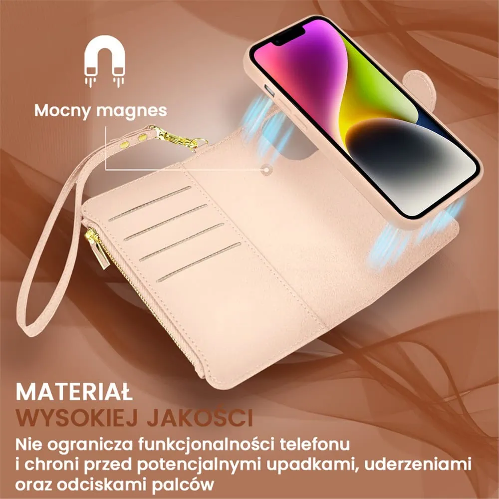 Etui do iPhone 14 2w1 Magsafe Double Wallet, zestaw etui oraz kabura ze smyczą, różowe