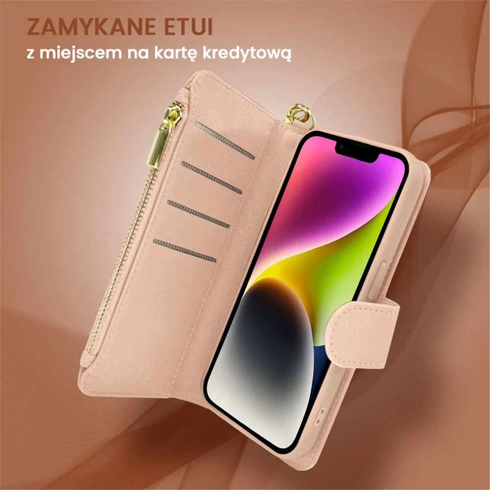 Etui do iPhone 14 2w1 Magsafe Double Wallet, zestaw etui oraz kabura ze smyczą, różowe
