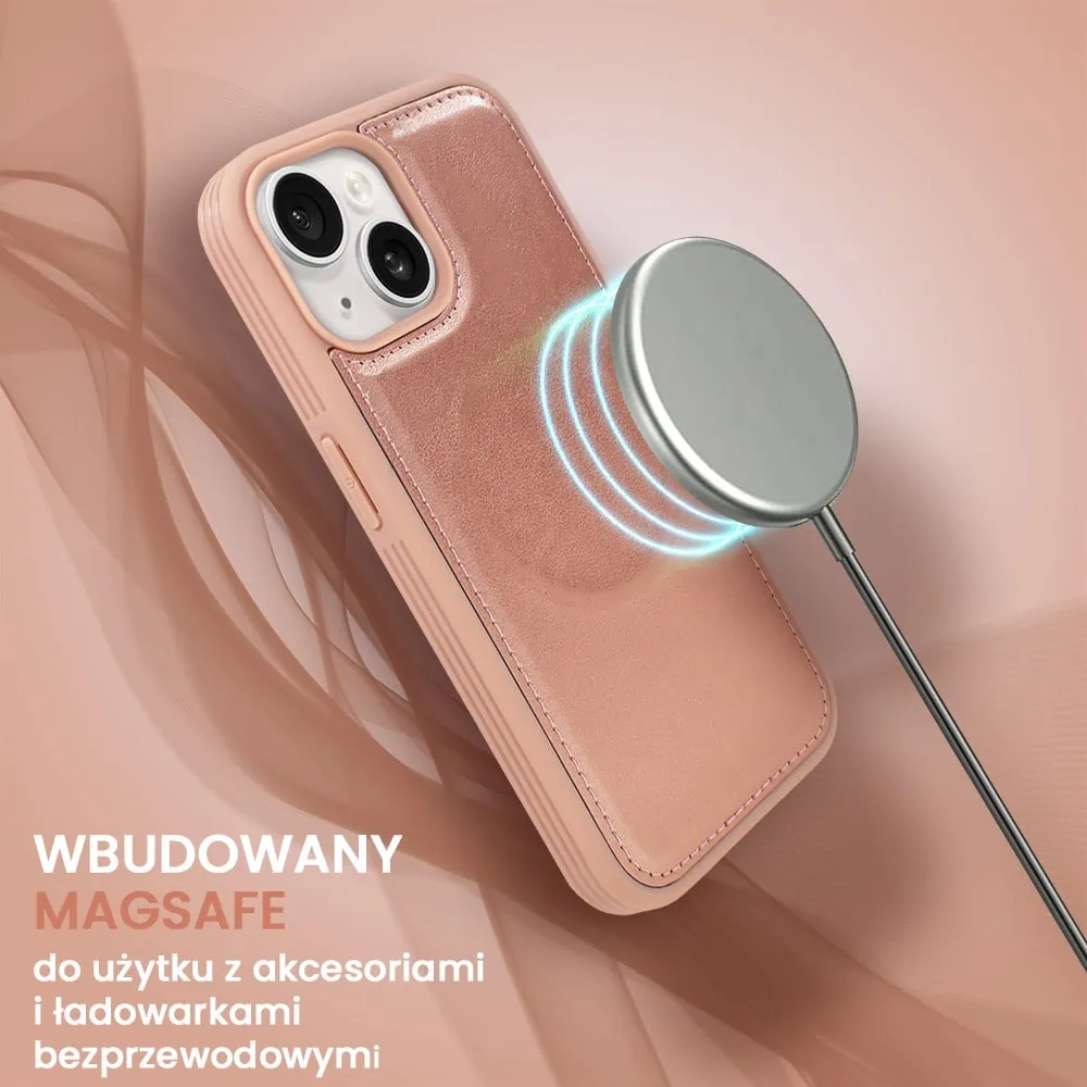 Etui do iPhone 14 3w1 Magsafe Double Book, zestaw etui oraz kabura z podstawką, różowe złoto