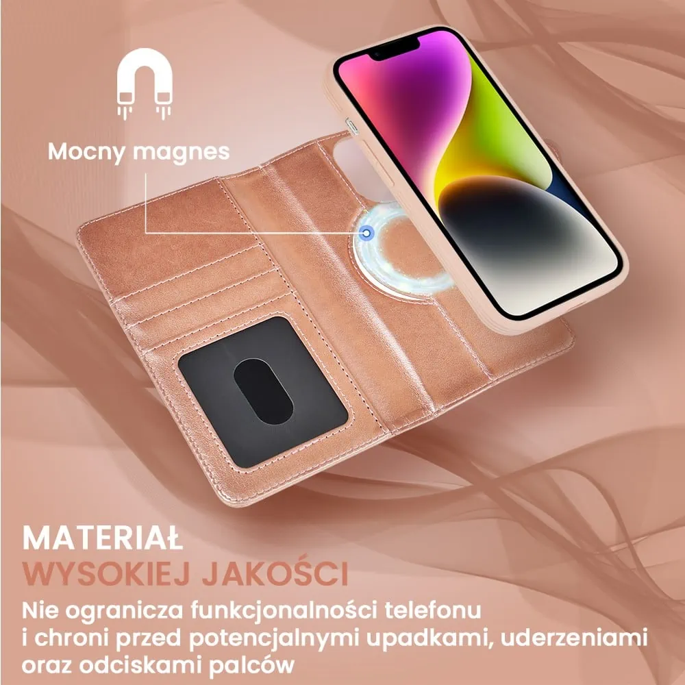 Etui do iPhone 14 3w1 Magsafe Double Book, zestaw etui oraz kabura z podstawką, różowe złoto