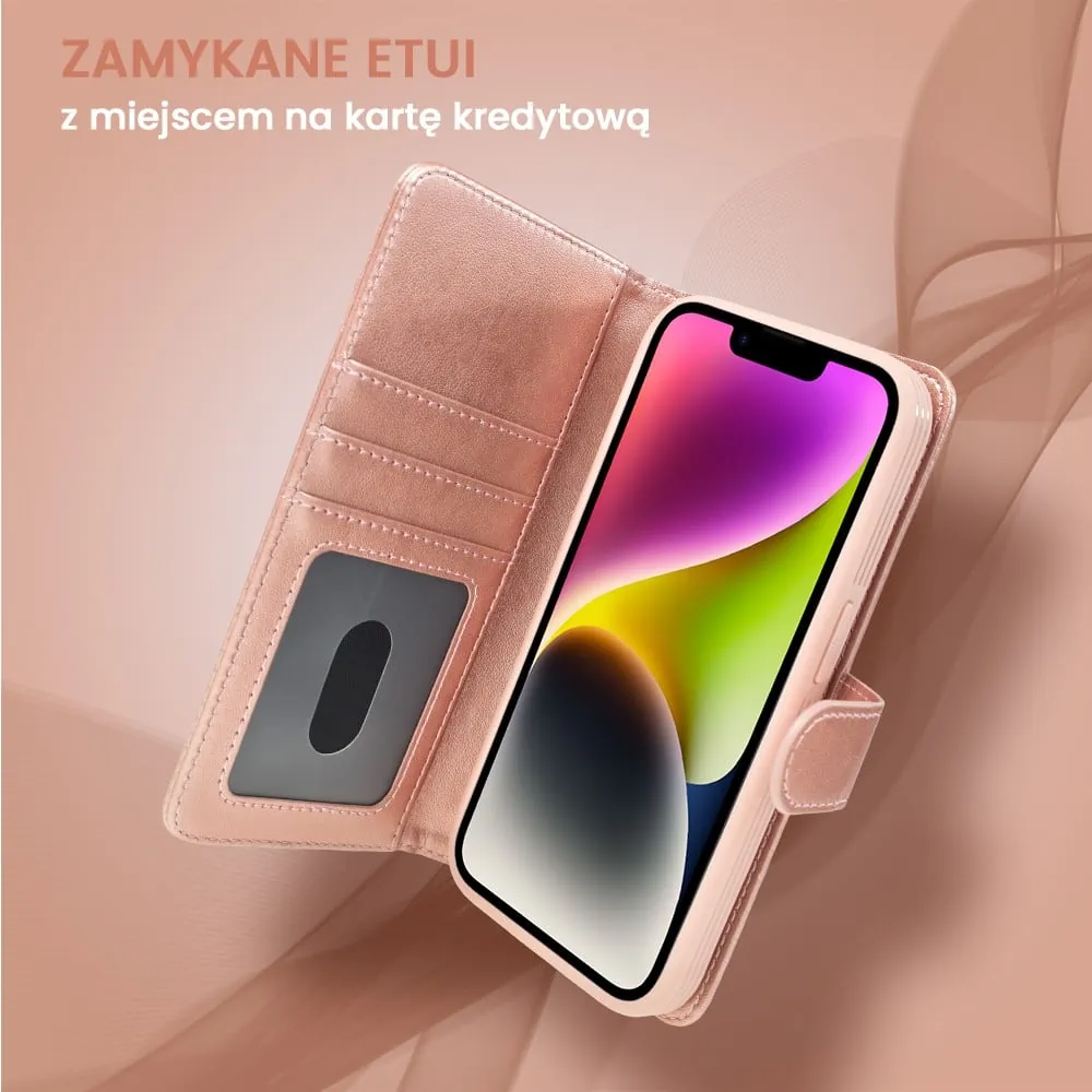 Etui do iPhone 14 3w1 Magsafe Double Book, zestaw etui oraz kabura z podstawką, różowe złoto