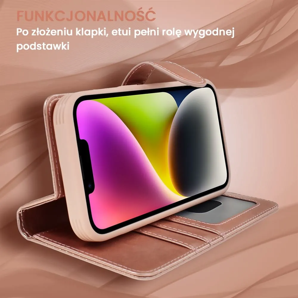 Etui do iPhone 14 3w1 Magsafe Double Book, zestaw etui oraz kabura z podstawką, różowe złoto