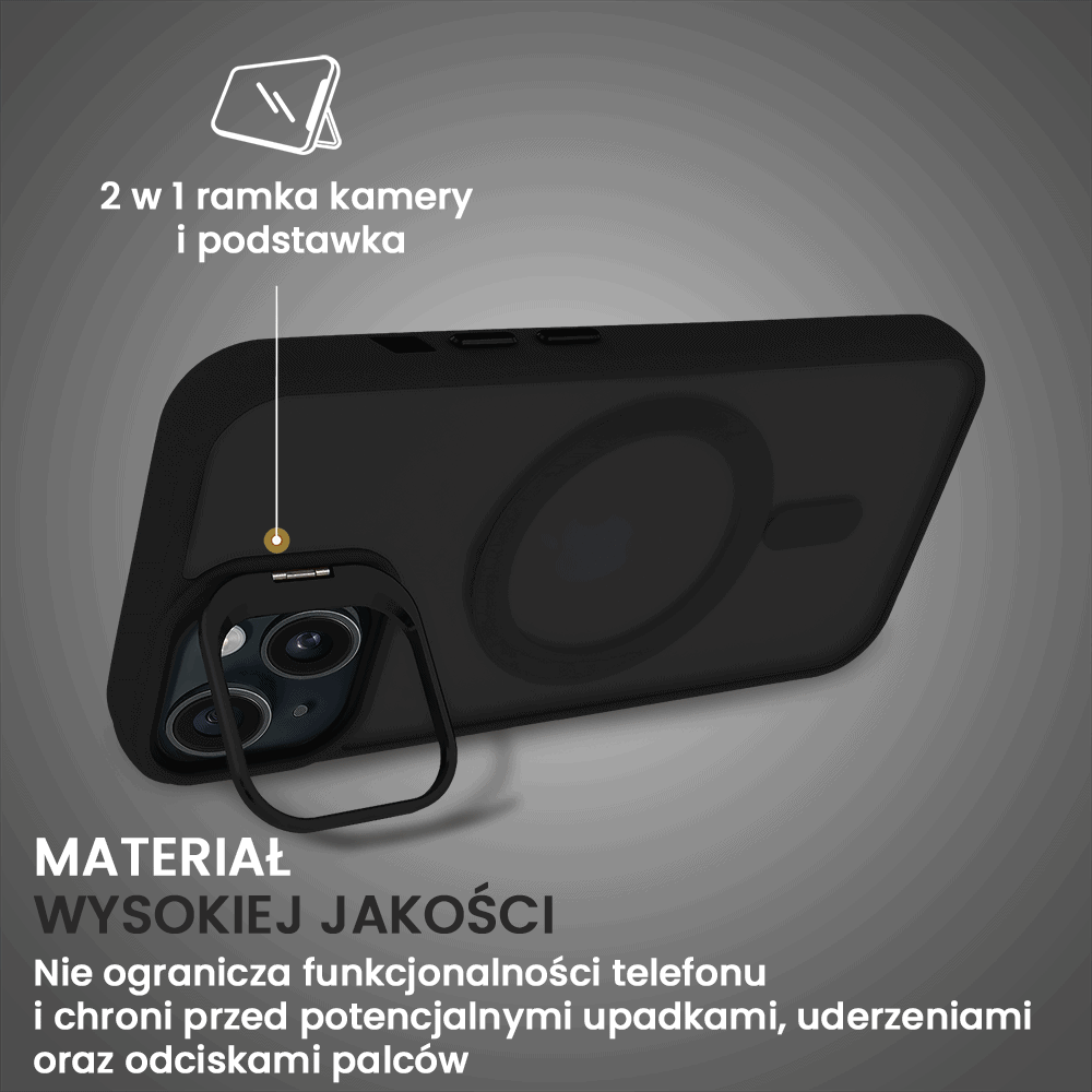 Etui do iPhone 14 Arctic Stand, półprzeźroczyste, z osłoną aparatu i podstawką, czarne