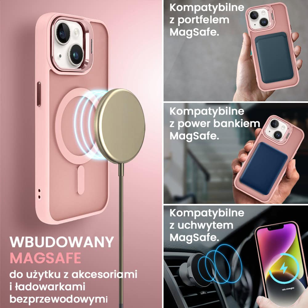 Etui do iPhone 14 Arctic Stand, półprzeźroczyste, z osłoną aparatu i podstawką, różowe