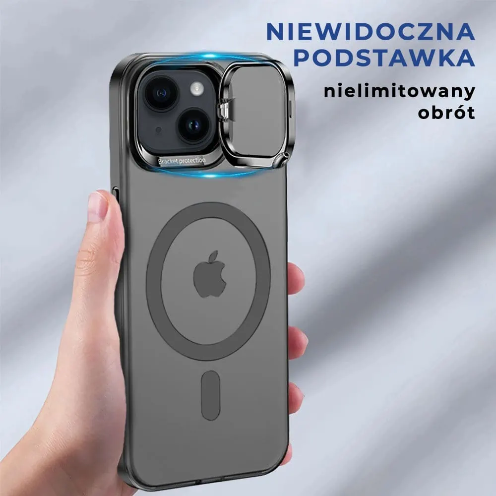 Etui do iPhone 13 Cam Stand MagSafe z podstawką, twarde, matowe półprzeźroczyste, czarne