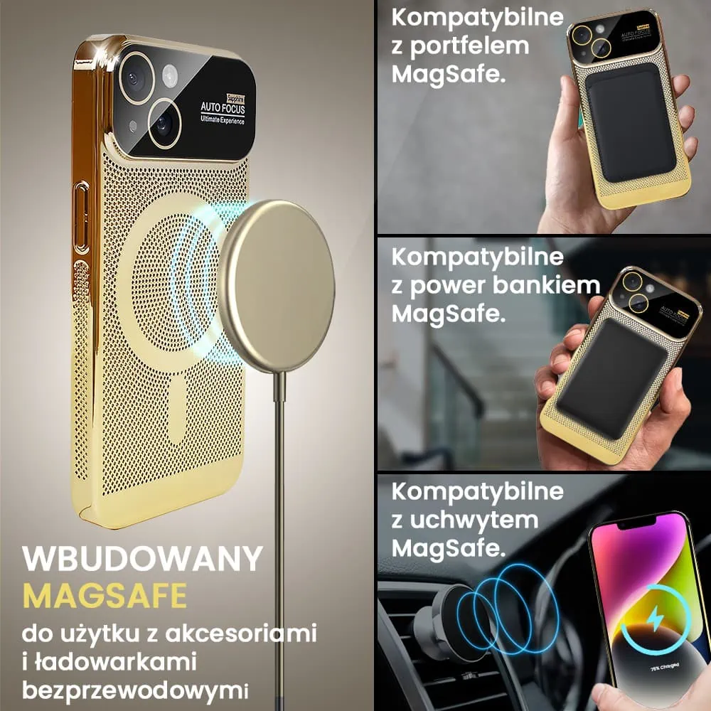 Etui do iPhone 14 Camera Beam Magsafe oddychające, złote