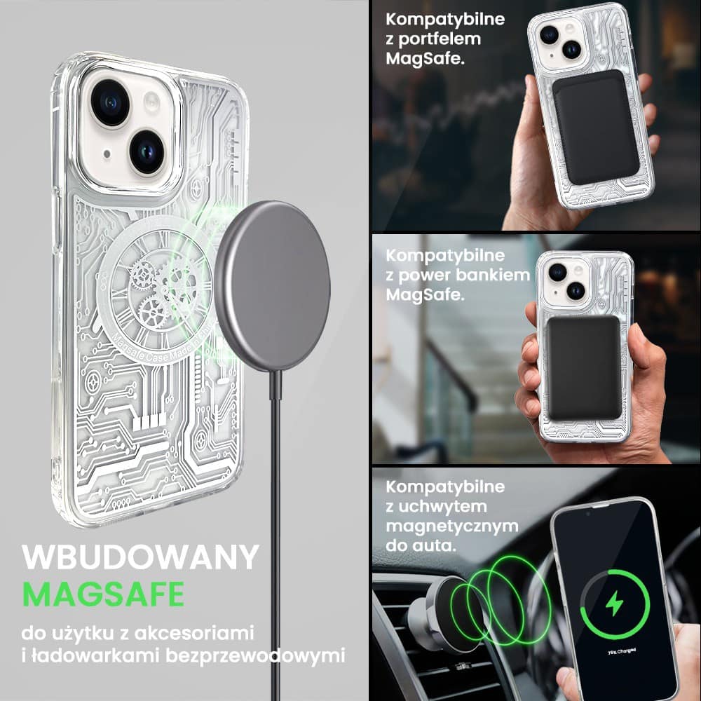 Etui do iPhone 14 ClockWork MagSafe, przeźroczyste z mechanizmem w środku, srebrne