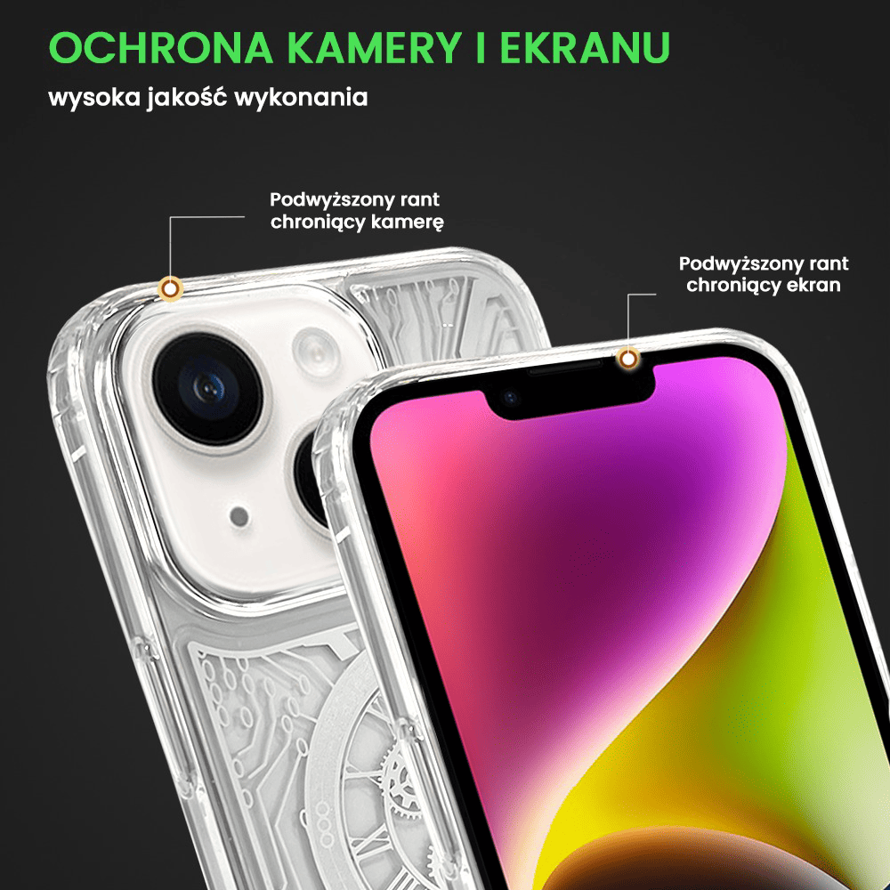 Etui do iPhone 14 ClockWork MagSafe, przeźroczyste z mechanizmem w środku, srebrne