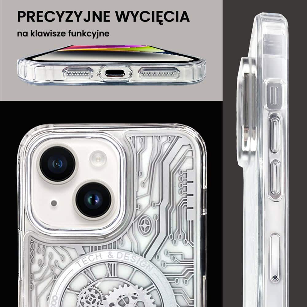 Etui do iPhone 14 ClockWork MagSafe, przeźroczyste z mechanizmem w środku, srebrne