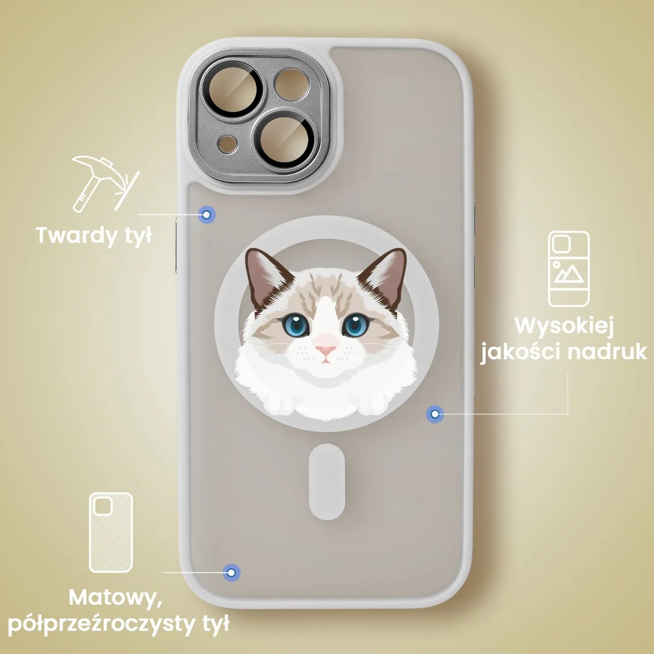 Etui do iPhone 14 Color Flush z Magsafe, z osłoną aparatu, kot birmański, popielate