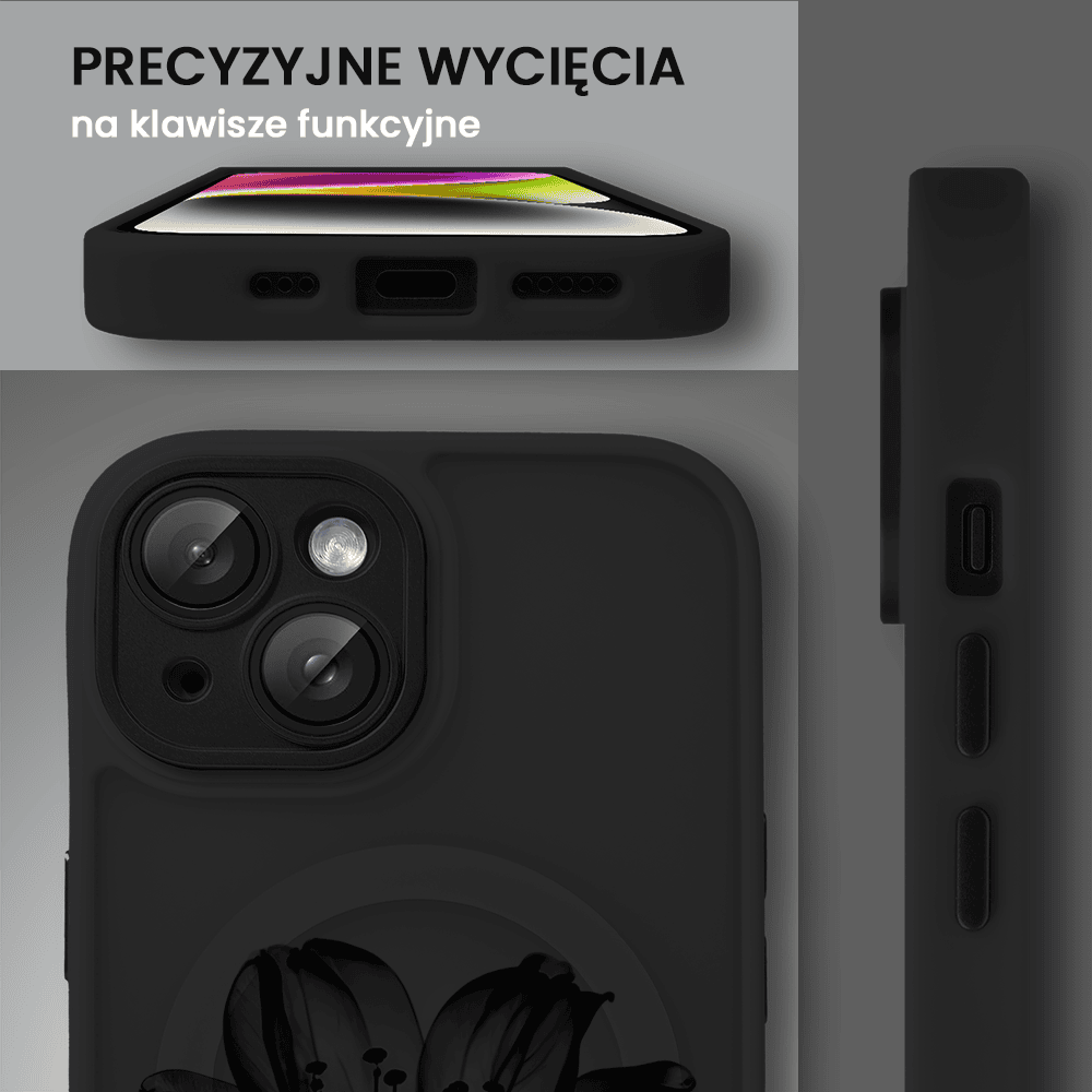Etui do iPhone 14 Color Flush z Magsafe, z osłoną aparatu, z nadrukiem czarny kwiat, czarne