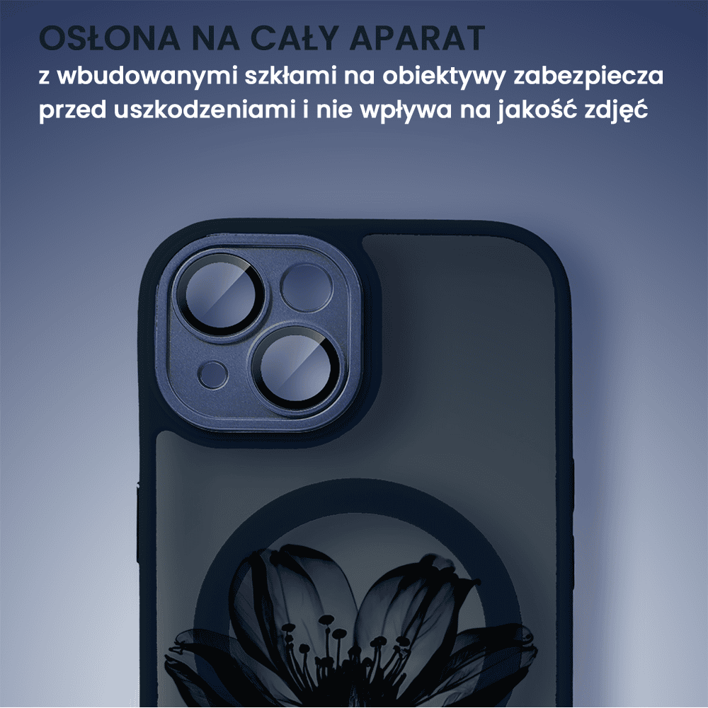 Etui do iPhone 14 Color Flush z Magsafe, z osłoną aparatu, z nadrukiem czarny kwiat, granatowe