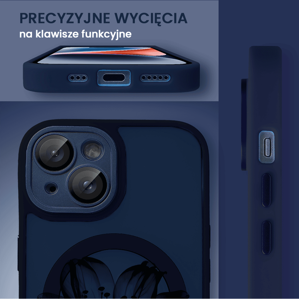 Etui do iPhone 14 Color Flush z Magsafe, z osłoną aparatu, z nadrukiem czarny kwiat, granatowe