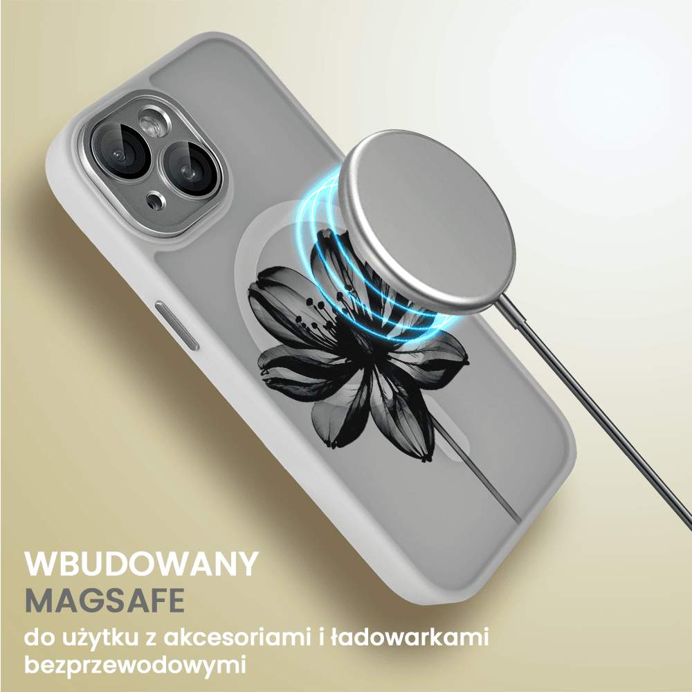 Etui do iPhone 14 Color Flush z Magsafe, z osłoną aparatu, z nadrukiem czarny kwiat, popielate
