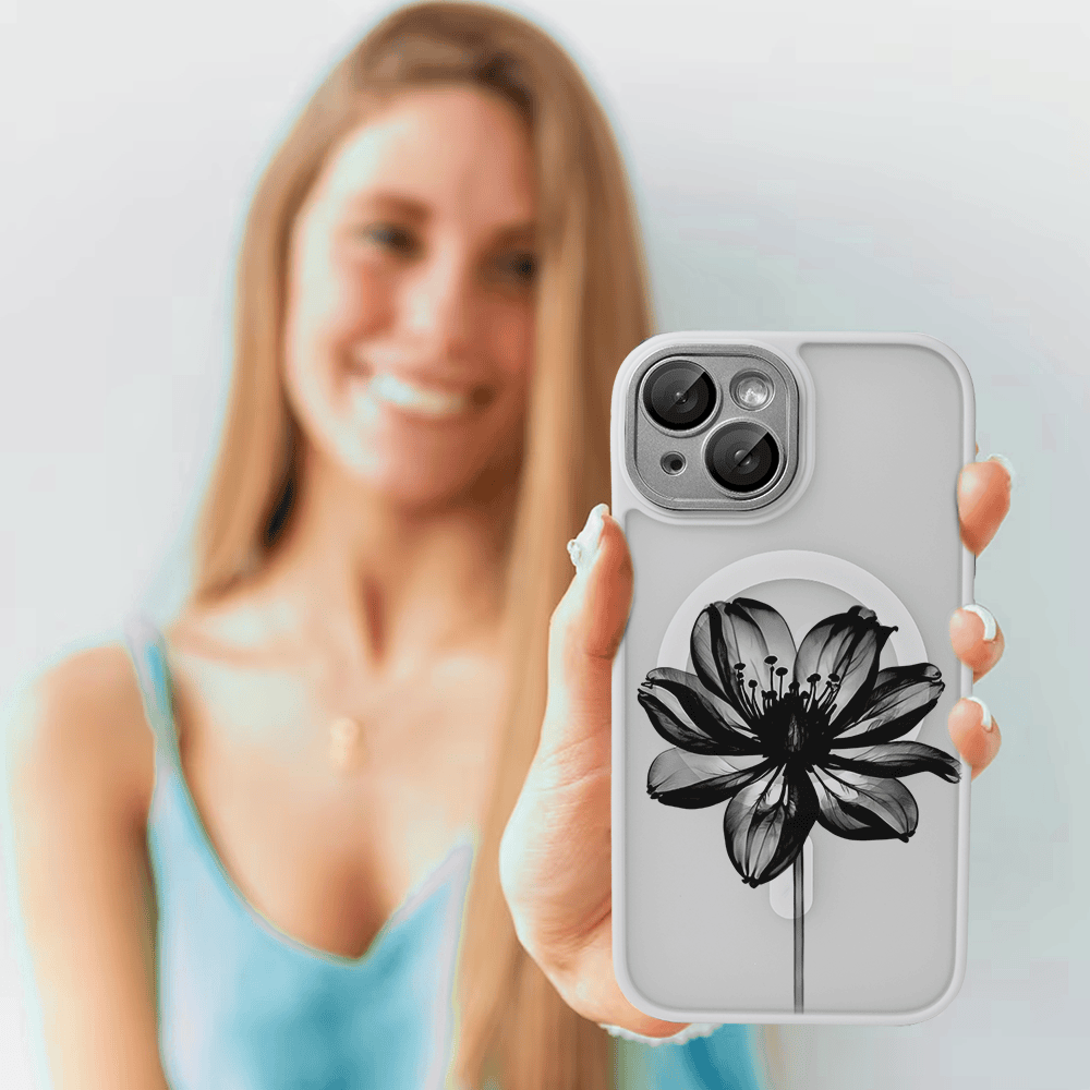 Etui do iPhone 14 Color Flush z Magsafe, z osłoną aparatu, z nadrukiem czarny kwiat, popielate