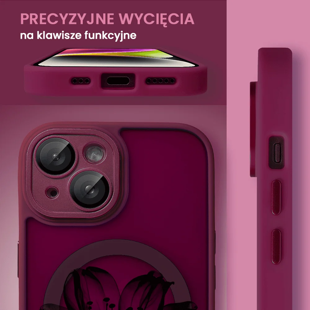 Etui do iPhone 14 Color Flush z Magsafe, z osłoną aparatu, z nadrukiem czarny kwiat, wiśniowe