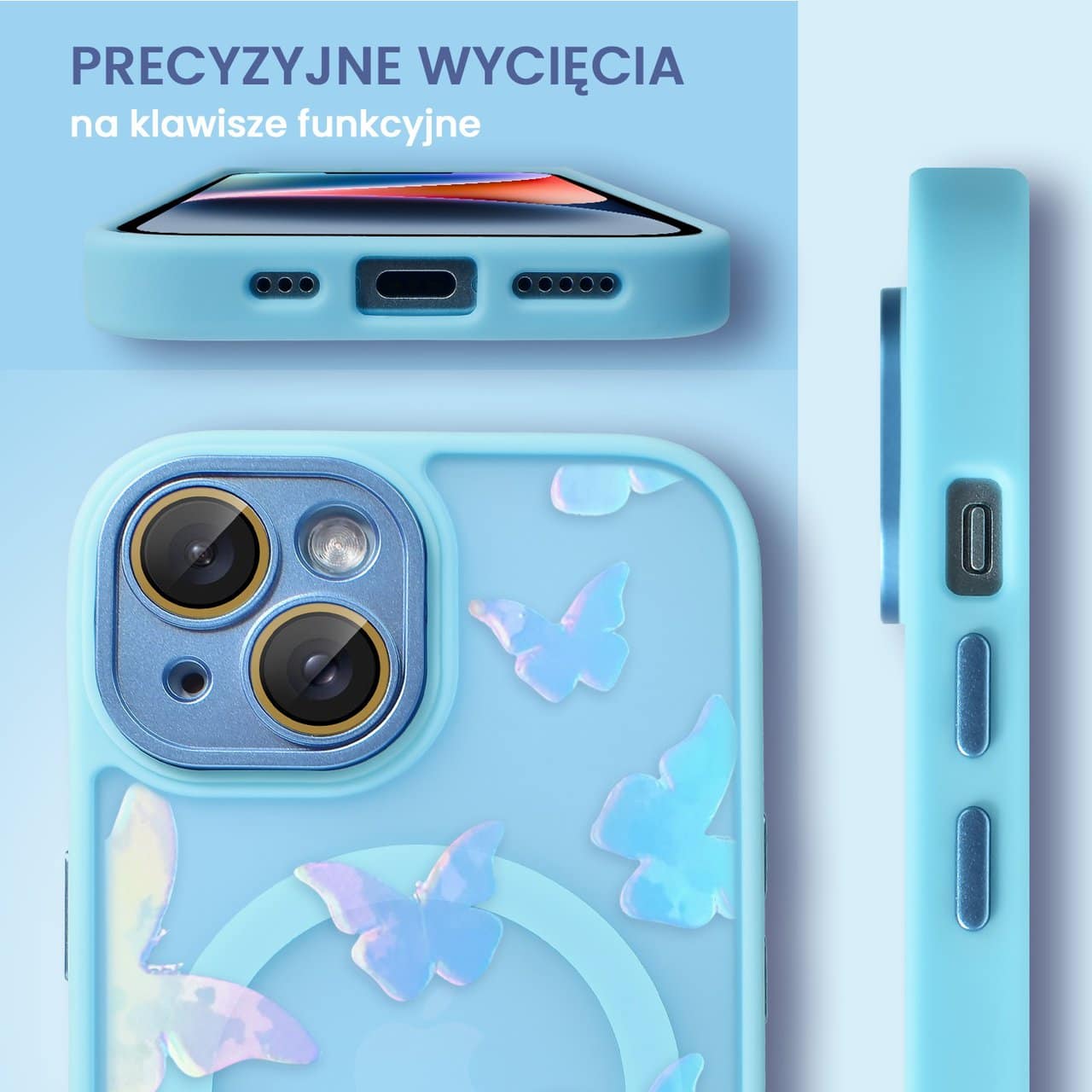 Etui do iPhone 14 Color Flush z Magsafe, z osłoną aparatu, z opalizującym nadrukiem motylki, niebieskie