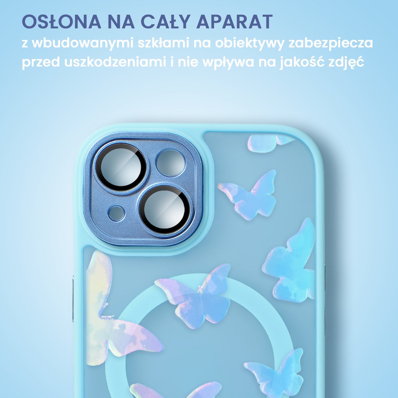 Etui do iPhone 14 Color Flush z Magsafe, z osłoną aparatu, z opalizującym nadrukiem motylki, niebieskie