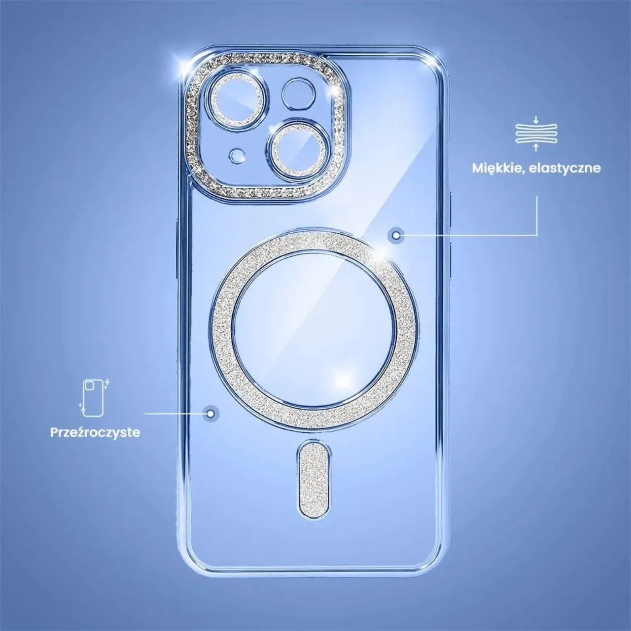 Etui do iPhone 14 Diadem Glow, błyszczące z MagSafe, przeźroczyste, niebieskie (OUTLET)