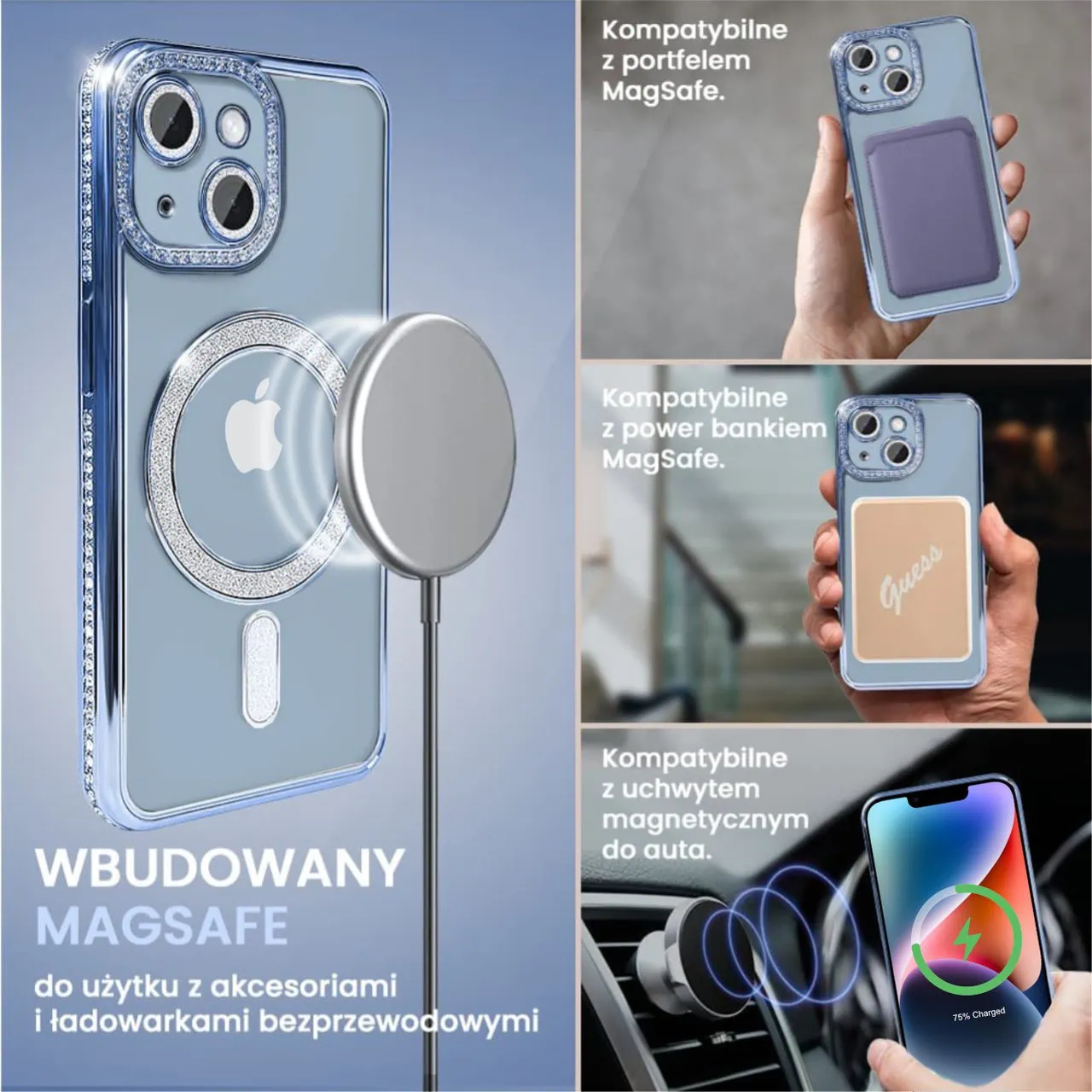 Etui do iPhone 14 Diadem Glow, błyszczące z MagSafe, przeźroczyste, niebieskie (OUTLET)