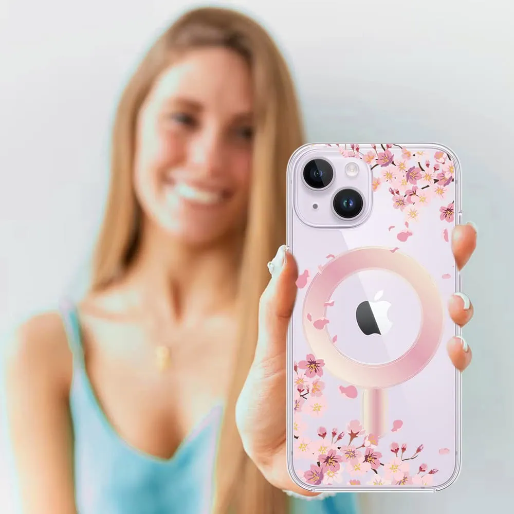 Etui do iPhone 14, Flower MagSafe, kwiat wiśni, przeźroczyste